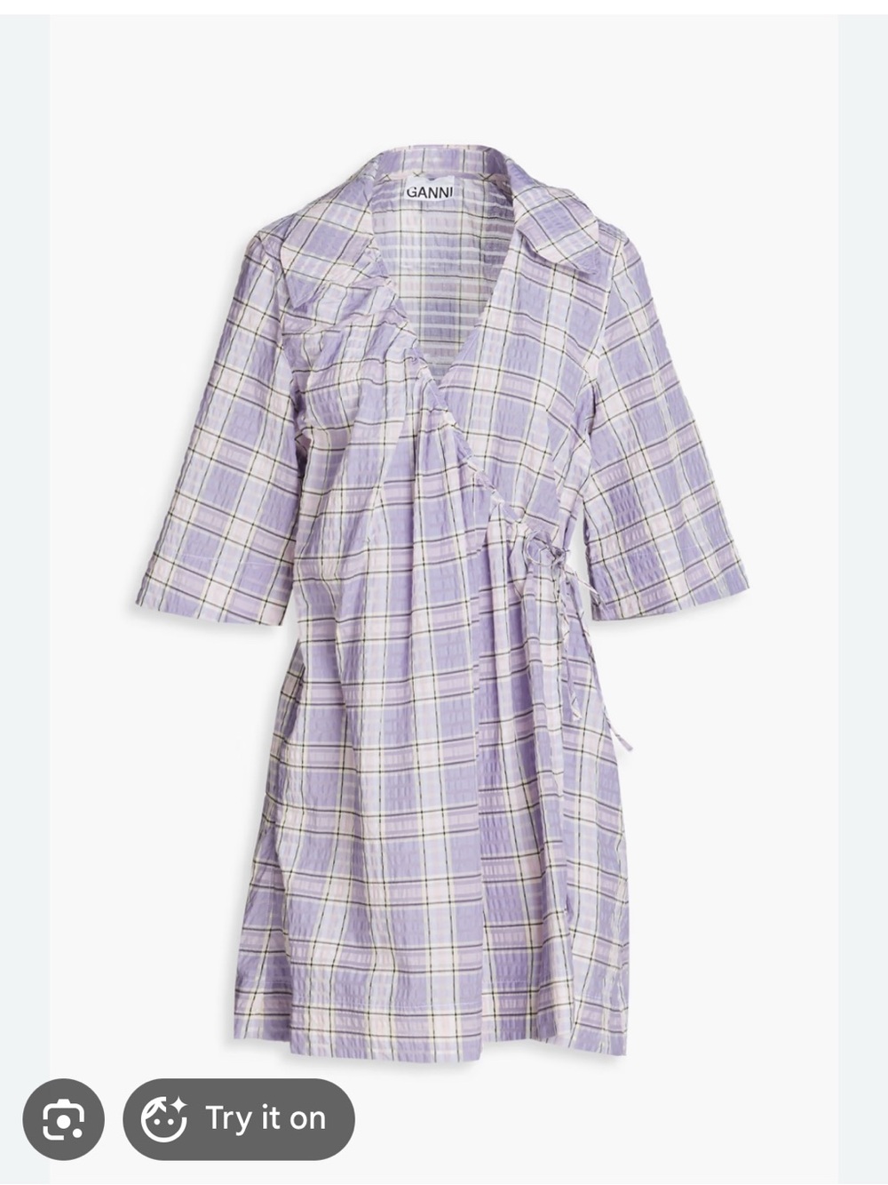 Ganni Lavender Plaid Wrap-Style Mini Dress